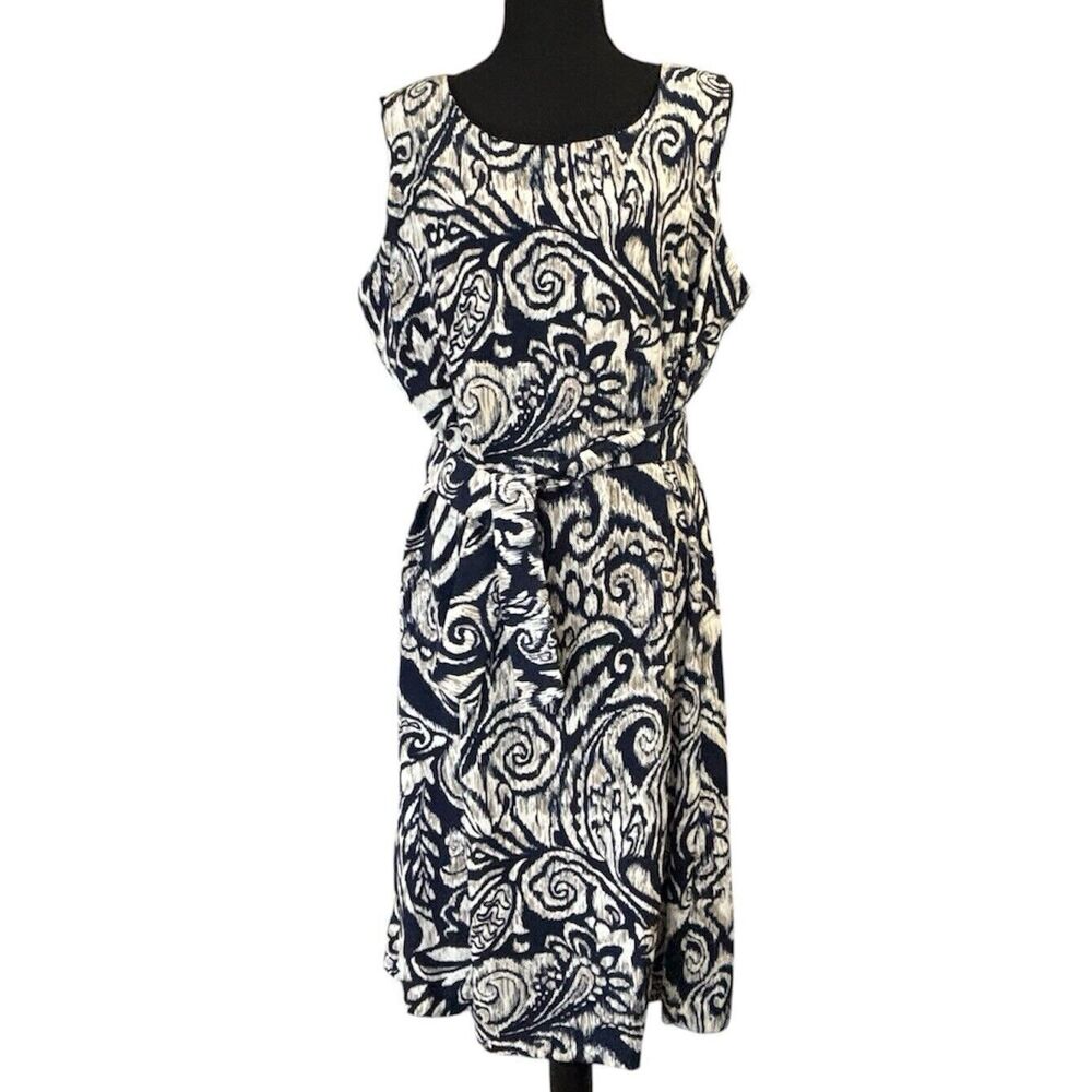 Studio1 Sleeveless Belted Dress Abstract Navy And Tan On White